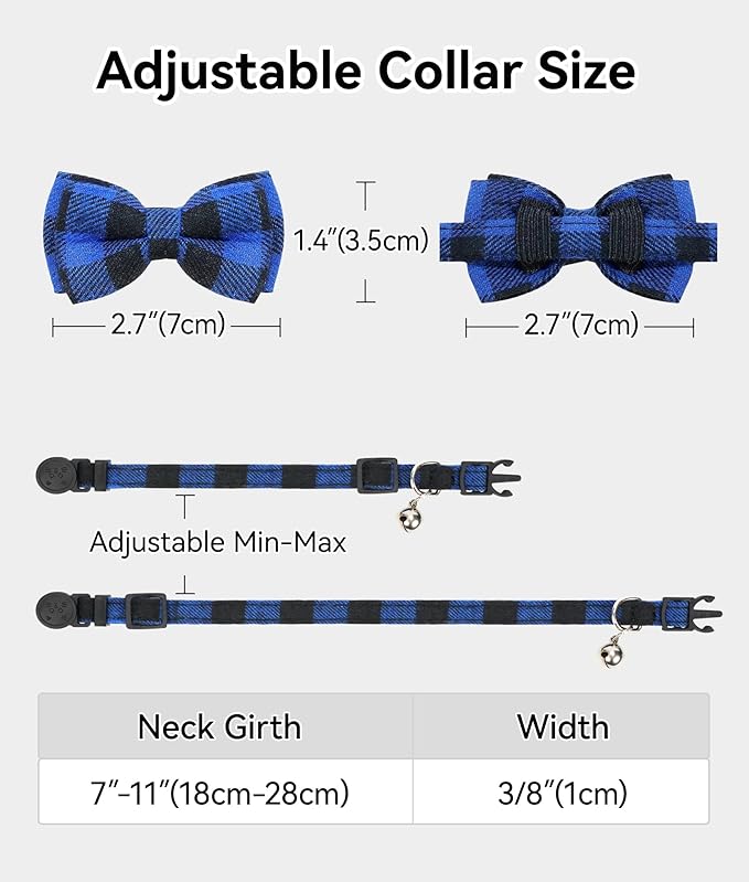 Joytale Upgraded Cat Collar with Bells, Breakaway Cat Collars with Bow Tie, 1 Pack Girl Boy Safety Plaid Kitten Collars, Blue