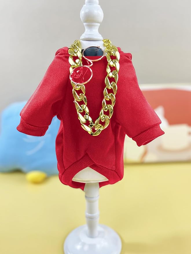 QWINEE 3Pcs Dog Hoodie Cat Apparel Dog Custume Set with Necklace and Sunglasses Pet Clothes for Puppy Small Medium Dogs Cats Red M