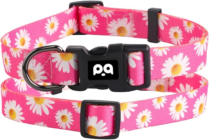 QQPETS Adjustable Soft Dog Collar: Print Flower Pink Multicolor Cute Patterns for XS Small Medium Large Pet Girl Boy Puppy Walking Running Training (L, Small Daisies)