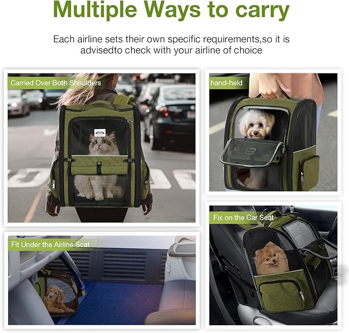 Lekebobor Large Cat Backpack Carrier Expandable Pet Carrier Backpack for Small Dogs Medium Cats Fit Up to 18 Lbs, Dog Backpack Carrier, Foldable Puppy Backpack Carrier for Travel, Hiking,Dark Green