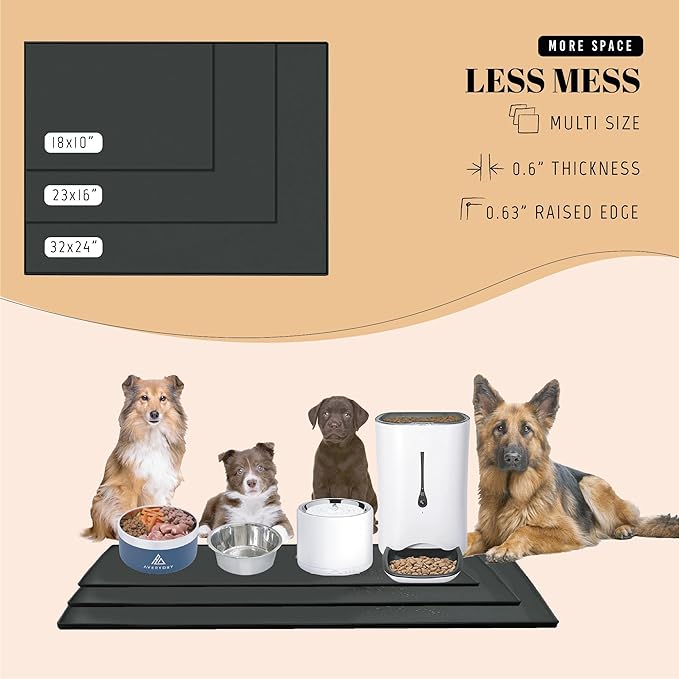 AVERYDAY 100% Waterproof Thicker Silicone Dog Food Mat, 0.63'' Raised Edge Bowl Mat for Food & Water, Non Slip Pet Feeding Placemat for Messy Drinkers, Perfect for Large Medium Small Breeds, 18"x10"
