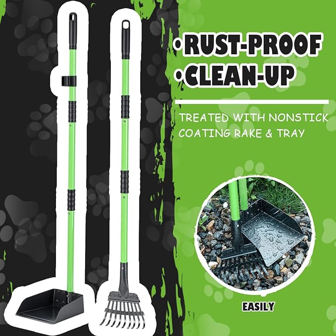 MXF Dog Pooer Scooper Set, 2 in 1 Pet Poop Scooper with Long Handle Dog Poop Picker Upper and Stainless Metal Tray & Rake for Medium & Small Dogs, Heavy Duty for Grass, Dirt, Gravel