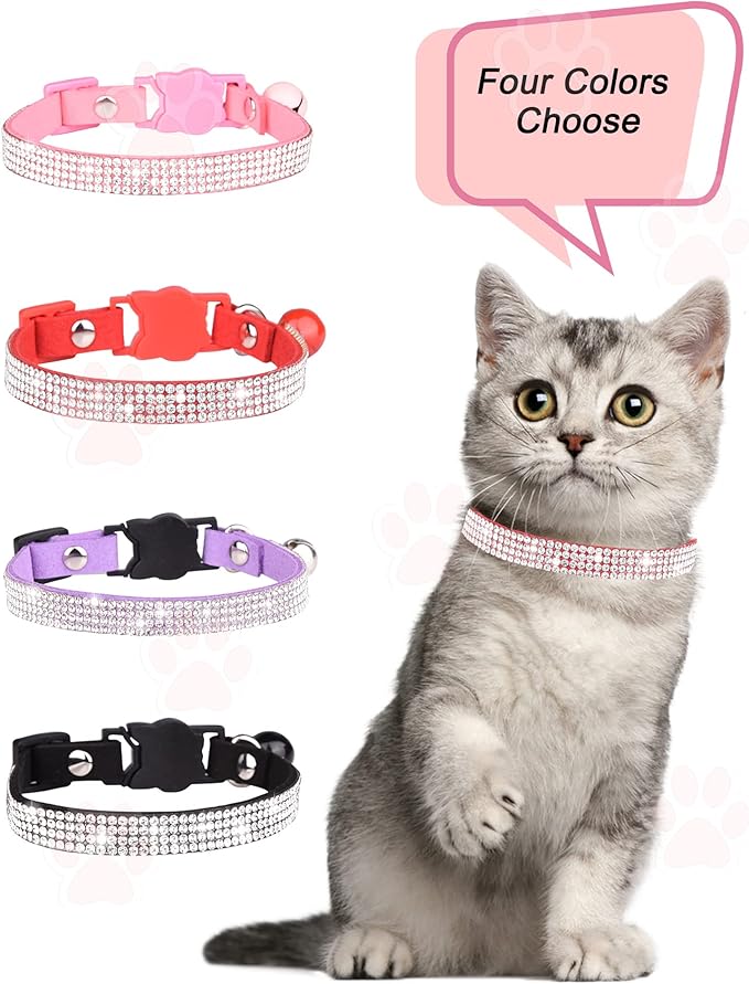 Solmoony Breakaway Cat Collars with Bell,Adjustable Safe Kitten Collar,Cat Collars for Girl Cats with Rhinestone Soft Velvet (Pink)