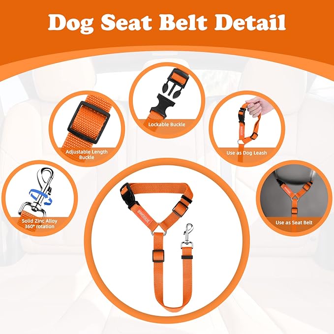 BWOGUE Pet Dog Cat Seat Belts, Car Headrest Restraint Adjustable Safety Leads Vehicle Seatbelt Harness (1 Pack, Orange, Not Elastic)