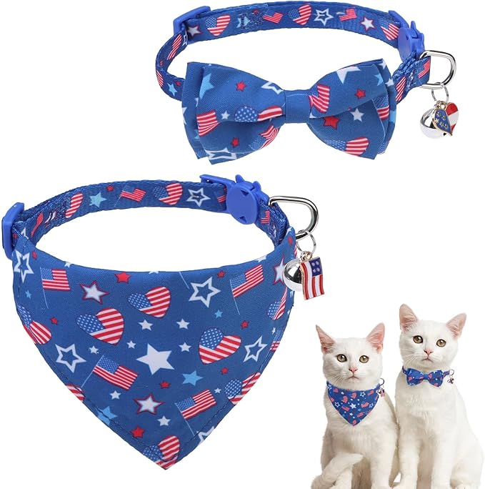 SCENEREAL Independence Cat Collar with Bells, 2 Pack Breakaway Cat Collars with Removable Bowtie Bandana, Adjustable Cute Kitten Collar for Pet Small Dogs Boys Girls