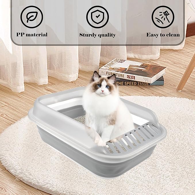 kathson Collapsible Litter Box for Kittens,Low Entry Senior Cat Litter Box Semi-Enclosed Kitten Potty Toilet with Leak-Proof Pedal Foldable Kitty Litter Pan for Small Cats (Grey)