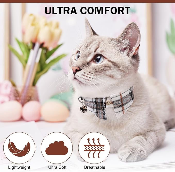 Cat Collar with Bells Breakaway, Bowtie Cat Collar for Boy Girl Cats with Removable Shirt Collar, Cute Plaid Kitten Collar with Bell & Pendant Adjustable, 3 Pack Beige Cat Collars