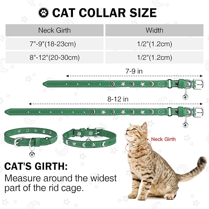 Leather Cat Collars for Boy Girl Cats with Bell and Safety Elastic Belt, Personalized Star and Moon Stud Adjustable Safe Buckle Collar for Kitty Small Big Cats Size 7-9 Inch, Green