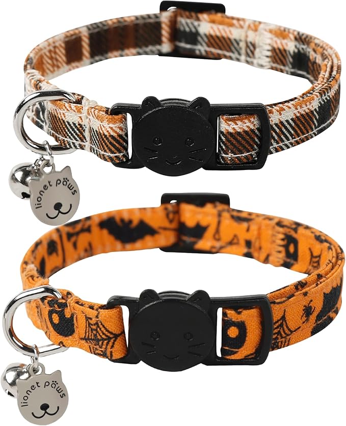 Lionet Paws 2pcs Pack Cotton Cat Collar,Breakaway Buckle with Halloween and Brand Pendant Cute Adjustable Cat Kitten Collar,Ideal for Girl Cats