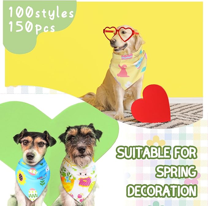 150 Pcs Easter Dog Bandanas Bulk Pet Bibs Colorful Triangle Scarf Pet Bandanas for Medium Large Dogs Easter Festival Spring Summer Birthday Costume Decor