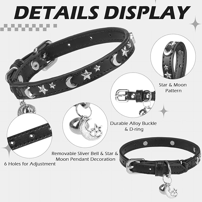 EXPAWLORER Cat Collar for Girl Boy Cats- Adjustable Leather Pet Collar with Safety Elastic Belt,Personalized Punk Accessories Buckle Collars with Bell & Durable D-Ring, Star & Moon