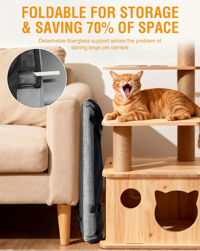 PETUX Large Pet Carrier for Large Cats ＆ Small Dogs - Up to 20Lb, Top and Side Entry, 4 Side Breathable, Foldable Soft Cat Travel Carrier with Safety Car Seat Buckle and Anti-Scratch Mesh - Grey