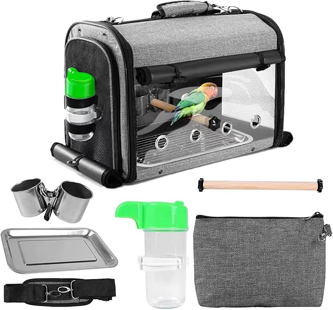 SUERTREE Bird Carrier Bag with Stand, Lightweight Backpack for Parrot, Portable Cockatiel Travel Cage with Accessories, Pet Transparent Breathable Carrier