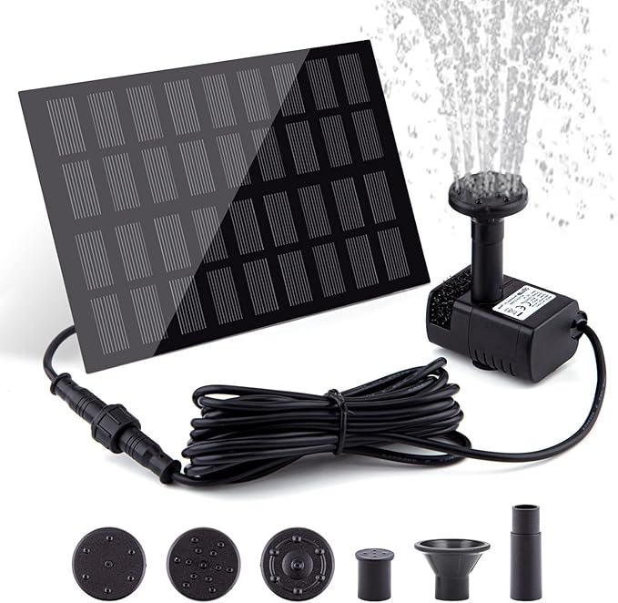 Solar Fountain Pump for Bird Bath, with Separate Solar Panel, 2 W Upgraded Solar Water Pump with 3 M Long Cable & 4 Nozzles for Bird Bath, Outdoor Pond, Patio Garden and Fish Tank (Black)