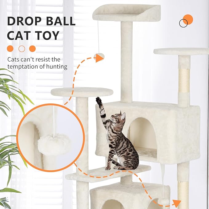 BestPet | 62" Cat Tree Tower | Beige | Sturdy, Easy to Assemble, Multi-Level Activity Center with Sisal Scratching Posts, Condos, Perches, Hanging Cat Toys, Observation Decks & Ladder