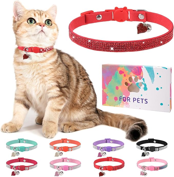 Rhinestone Cat Collar Breakaway with Bell, Diamond Cat Collar with Safety Buckle Quick Release for Girl Boy Small Kitten Pets Puppy,Cute Soft Female Male Cat Collars, Christmas 8-12"