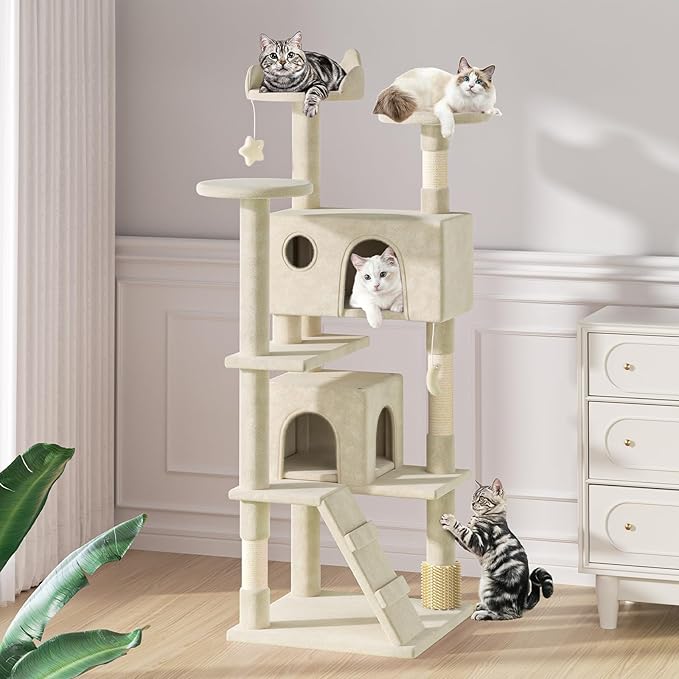 MoNiBloom 70 Inch Cat Tree Tower for Indoor Cats Large Adults, Tall Cat Tower with Scratching Post, Multi-Level Furniture Activity Center with Cat Condo Pet Play House, Beige