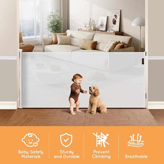 Retractable Baby Gate for Stairs, 55" Wide Mesh Pet Gate, Automatic Tension, One-Hand Operation, 38" Tall Baby Gates for Doorways, Hallways, Deck, Indoor Outdoor, Safe, Easy to Fit, White