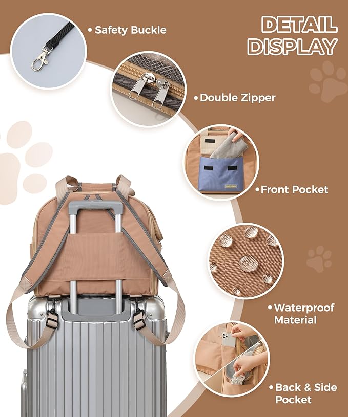 Expandable Cat & Small Dog Carrier Backpack, Soft-Sided Airline-Approved Pet Travel Bag with Dual-Side Expansion, Under-Seat Fit, Breathable Mesh, for Hiking, Vet Visits & Trips (Up to 22 lbs)