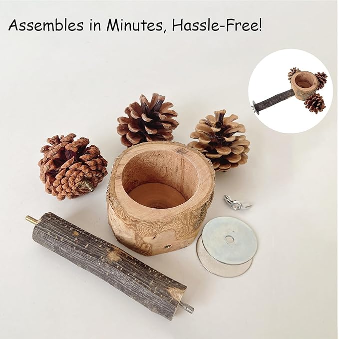 2 Pcs Bird Perch with Safe Bowl Wood & Pinecones - Bird Toys Chew Toys 100% Natural & Durable for Cockatiel, Conure, Budgie, Lovebird, Parakeet - Birdcage Accessory for Foraging & Oral Health