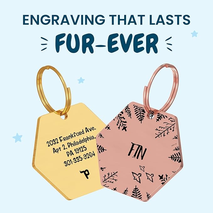 PawFurEver Custom Engraved Pet ID Tag – Personalized Dog Name Tag for Dogs and Cats, Stainless Steel Collar Accessory with Cute Designs for pet Name Tags (Hexagon, Rose)