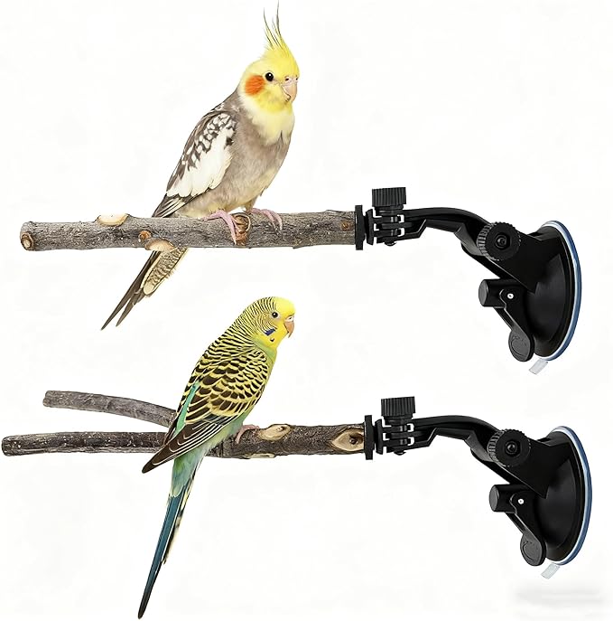 Bird Perch Stand 2 PCS, Parrot Perch Stand with Strong Suction Cup, Movable Perch Stand Bird Training Set, for Window Mirror Shower Bathroom Ceramic Tiles, for Cockatoo, Macaw, Parakeet