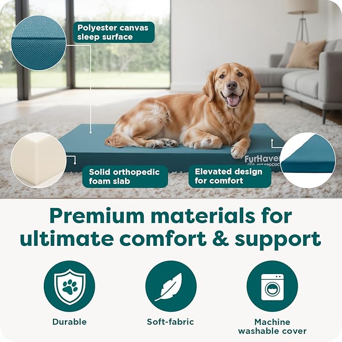FurHaven Water-Resistant Orthopedic Dog Bed for Large Dogs, Oxford Polycanvas Mattress, Solid Orthopedic Foam Slab for Joint Support, Removable Washable Cover, Jumbo Plus/XXL, Deep Lagoon
