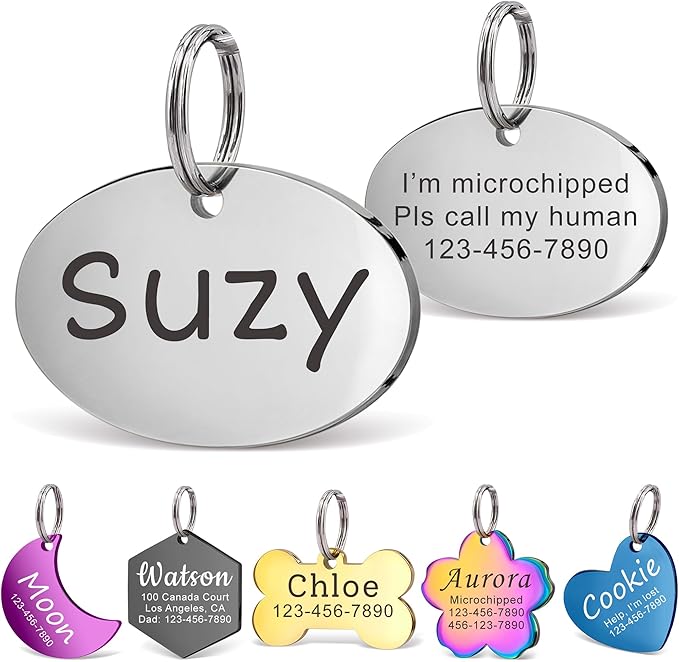 Anavia Personalized Pet ID Tags, Stainless Steel Glossy Laser Engraved Dog Cat Collar Name Tags, Multiple Colors Shapes Sizes (Oval, Regular)