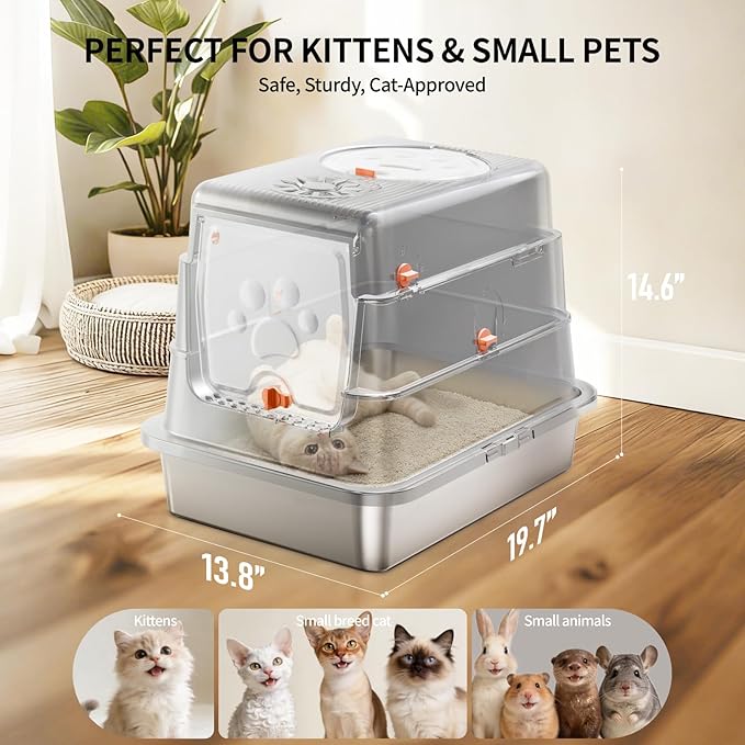 Stainless Steel Cat Litter Box with Lid, Small Enclosed Metal Litter Pan for Kittens & Small Animals, Full Flip Cover Litter Box Include Scoop & Step, Leak Proof Easy Clean Odor Control, Grey