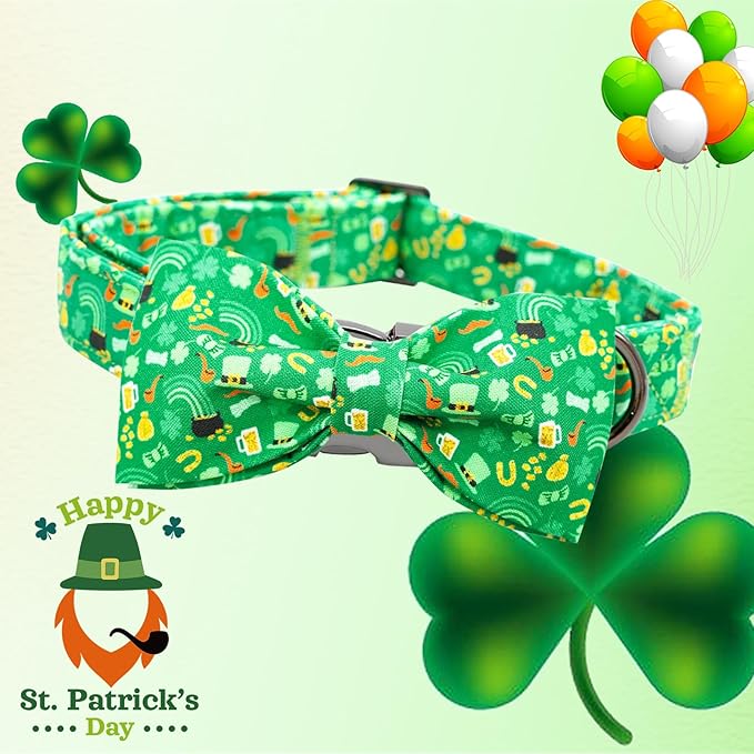 Lionheart glory Dog Bow Collar St. Patrick's Day Dog Collar for Small Dogs, Adjustable Green Collars Lucky Clover Shamrock Dog Collar with Bowtie Pet Collar Bows