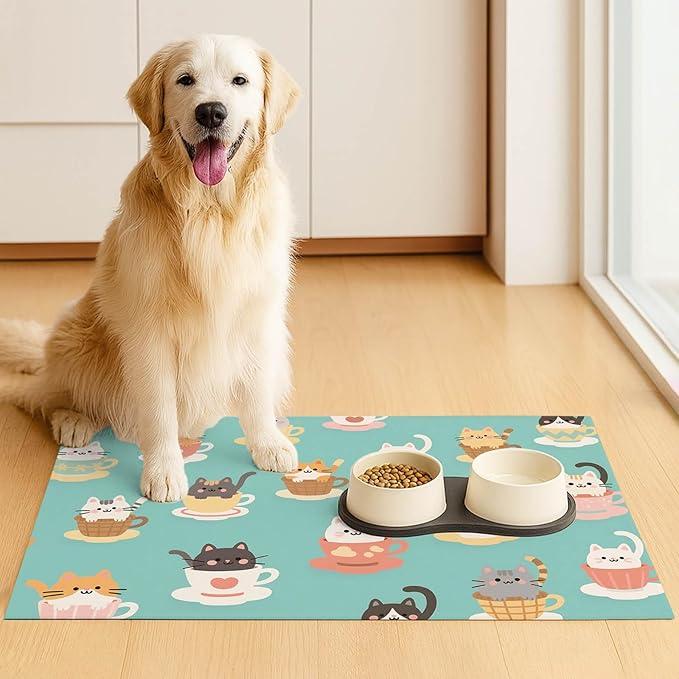 Cat Feedings Mats 20x12 inch Teacup Cat Print Pet Bowl Placemat Non Slip Mat for Cats Food and Water Indoor Kitty Feeding Station Cute Cats Meal Mat for Small Pets Kitchen Floor Use