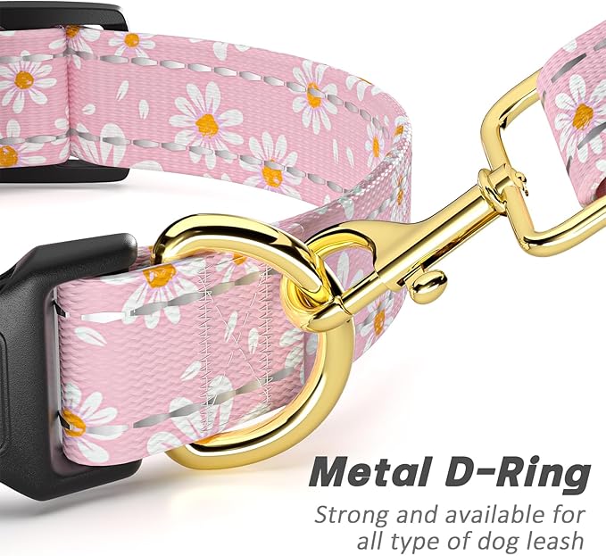 Reflective Dog Collar for Large Dogs, Cute Daisy Theme Adjustable Heavy-Duty Nylon Puppy Collar for Boy and Girl Female, Soft Pet Accessories with Quick Release Buckle, Neck 16-24", Pink