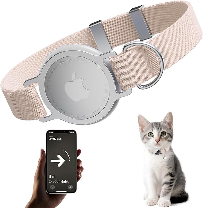 Cat Collar, Ultra Elastic Cat Tracker Collar, Holder Compatible with Apple Air Tag, [Lightweight & Scratch Resistant] Adjustable Stepless GPS Pet Collar for Cats Kittens, Khaki