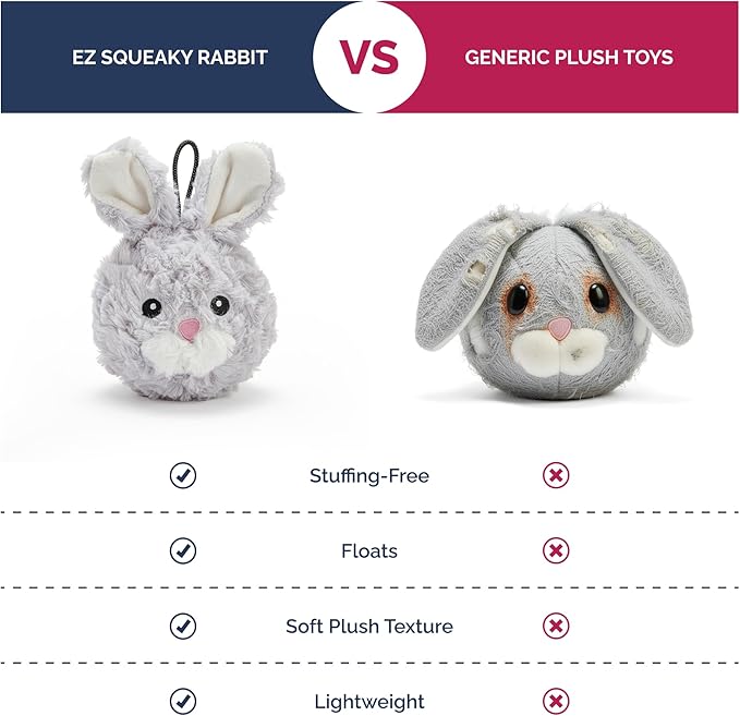 Pet Lou DOG'Z 4 Inch EZ Squeaky Rabbit Dog Plush Toy, Stuffing-Free Soft Plush, Durable Bouncy Squeaker Ball, Floats in Water, for Small & Medium Dogs