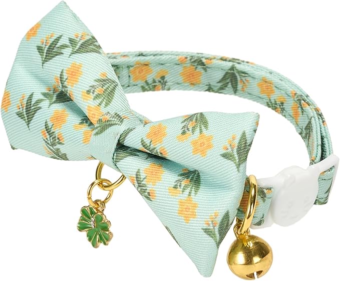 2 Pack Cat Collars, Removable Bowtie, Floral Pattern, Safety Breakaway Clasp, Adjustable for Cats.(Adult Cat,Mint Green and Lt Pink with Floral)