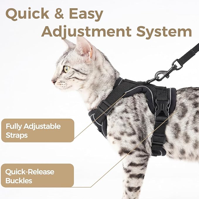 Cat Harness and Leash Set Escape Proof Tactical Large Kitten Harness Emotional Support Cat Vest, Black, L