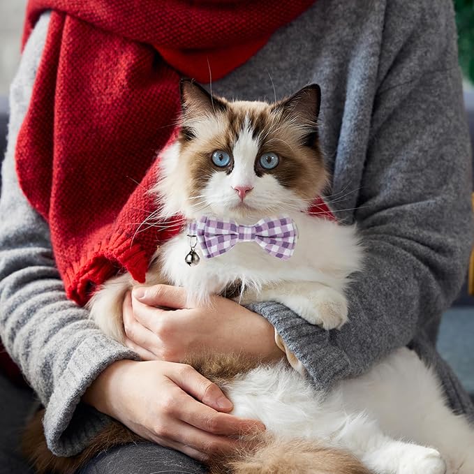 2 Pcs Kitten Collar with Bell Cute Cat Collar for Girl Cats Breakaway Bowtie Cat Collars Adjustable Small Puppy Safety Collar Solid Color Plaid Pet Collar (Purple)