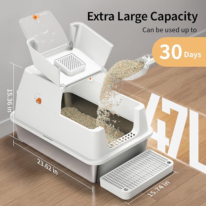 Stainless Steel Cat Litter Box with Lid, 180° Flip-Top XL Extra Large Enclosed Litter Box, Covered Metal High Sided Litter Pan with Steps & Scoop, Easy Cleaning, Odor Control,Non-Sticky-White