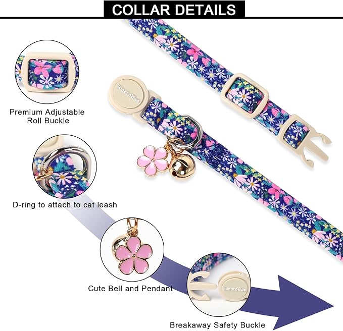 Lionet Paws 2pcs Pack Cotton Cat Collars,Breakaway Buckle with Floral and Dinosaur Pattern， Cute Adjustable Cat Flower Collar