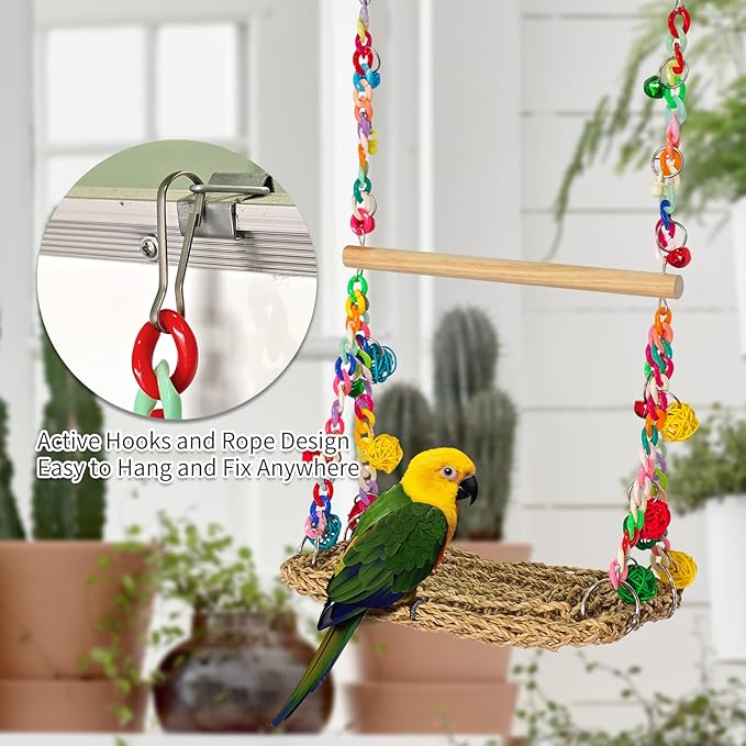 Natural Bird Swing Toys with Wood Perch,Double Layer Bird Seagrass Woven Climbing Hammock with Chewable Perch Stand Chewing Toy for Parakeets,Budgies,Conures,Cockatiels,Lovebirds