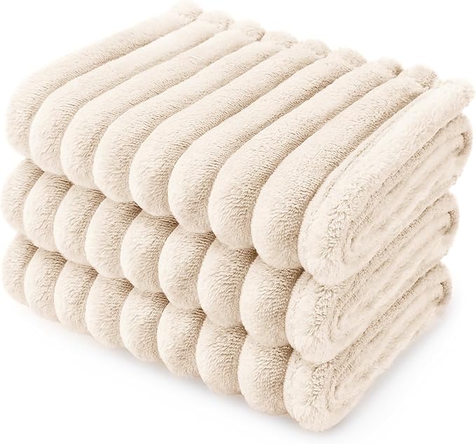 LINENLUX 1 Pack 3 Soft Fleece Dog Blanket for Pet Washable Warm Cat Puppy Fluffy Calming Flannel Beige Small