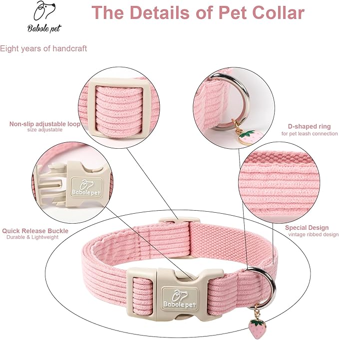 Cute Corduroy Dog Collar - Pink Adjustable Dog Collars for Small Dogs 10-25lbs, Fade-Proof with Secure Snap & Little Charm, Christmas Birthday Gift, S