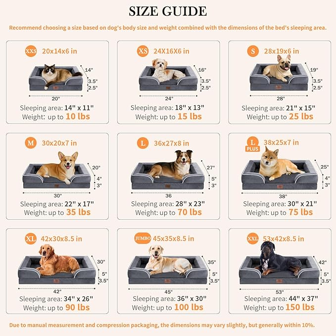 Comfort Expression Orthopedic Dog Bed for Large Dogs 35x22 Inch, Waterproof Supportive Egg Crate Foam Large Pet Bed with Removable Bolsters, Dog Couch with Washable Cover & Non-Slip Bottom, Dark Grey