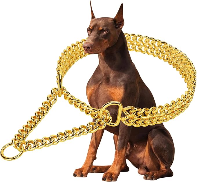 Stainless Steel 18K Gold Dog Chain Collar - Adjustable, Chew Proof, Double Row Cuban Link for Large, Small, Medium Dogs