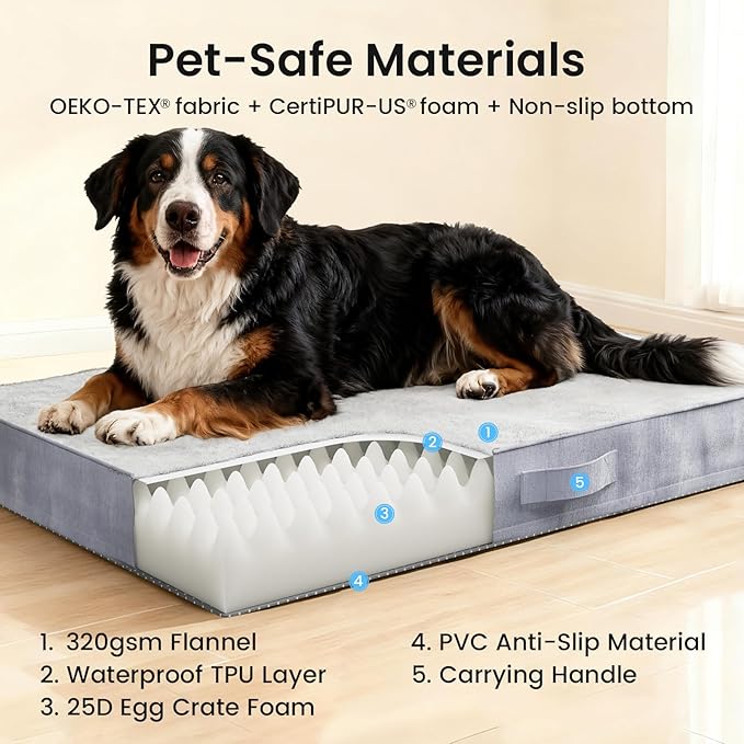 OhGeni Orthopedic Waterproof Dog Bed for Extra Large Dogs, Machine-Washable Removable Cover in Easy-Clean Fabric, High Density Foam & Easy-Carry Handle, Suitable for Crate, 47 inch (Gray)