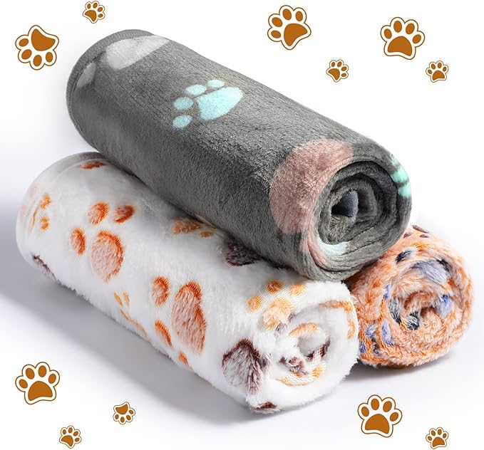 Tegeme 12 Pcs Pet Blankets Soft Fluffy Fleece Dog Cat Warm Paw Print Pattern Blankets Flannel Throw for Pets Dog Puppy Cat(23 x 16 Inch,Dark Gray, White, Camel)