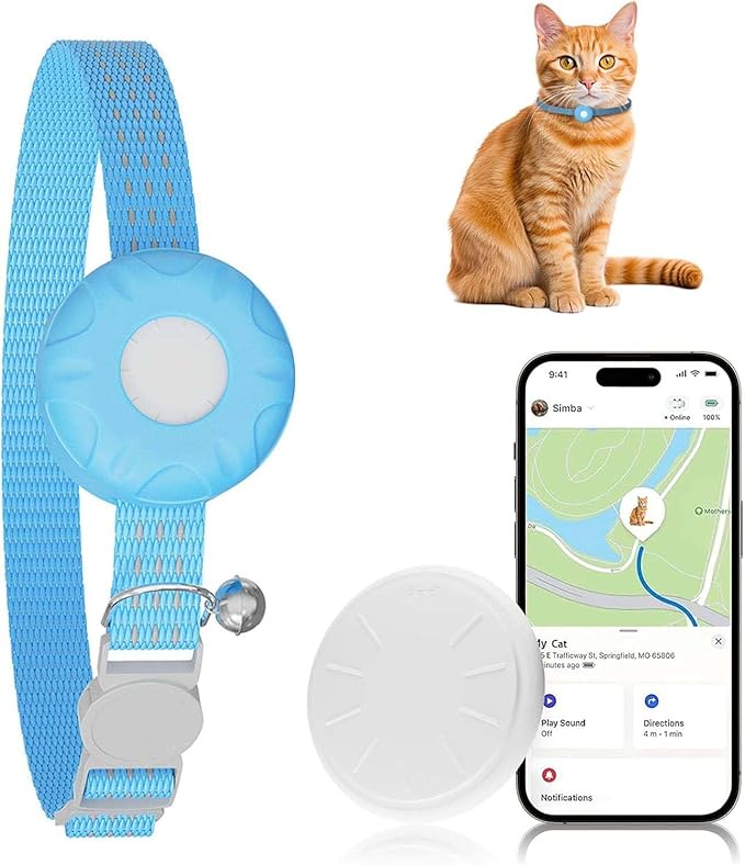 GPS Tracker for Cats, Cat GPS Tracker, Compatible with Apple Find My App (Only iOS), No Monthly Fee, Waterproof (White Tracker, Blue Cat Collar)