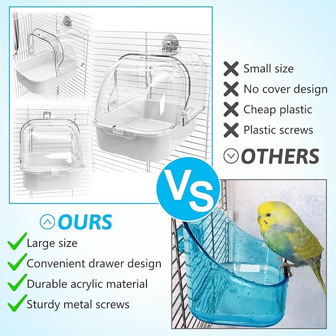 Tfwadmx Bird Cage Bath Hanging Parrot Bath Tub Water Shower Food Feeder Holder Tray Bird Bath Supplies for Small Birds Canary Budgies Cockatiel Lovebirds (White)