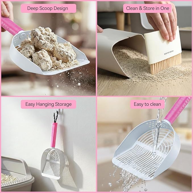 Cat Litter Scoop, Metal Scooper for Cat Box, Aluminum Alloy Sifter, Deep Shovel Poop Cleaner, Long Handle Ergonomic Grip, Rustproof Waterproof Construction, Design for Litter Box Cleaning