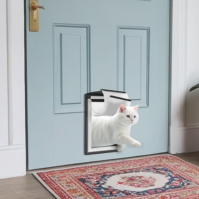 MAVRICFLEX Cat Door for Door, All-Stainless Steel Frame Cat Door with Double Soft Flaps and 2 Sliding ABS Panels for Doors, Easy to Install, Perfect for Cats and Small Dogs Under 15 LBS, Black
